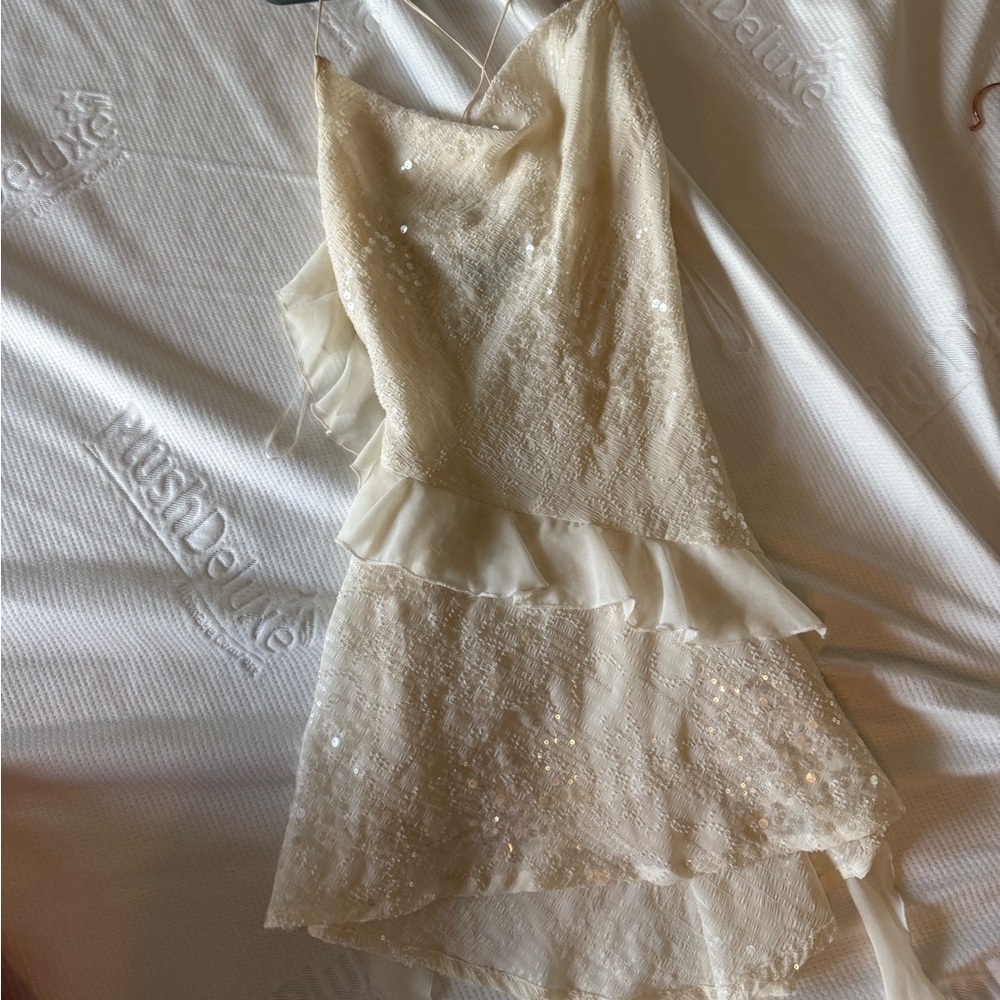Zara Sequin Cream Mini Asymmetrical Dress (bride/bachelorette)